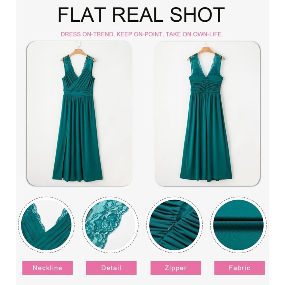 Women's V-Neck Maxi Dress Ruched Elegant Formal Party Bridesmaid Gown - Picture 4 of 7